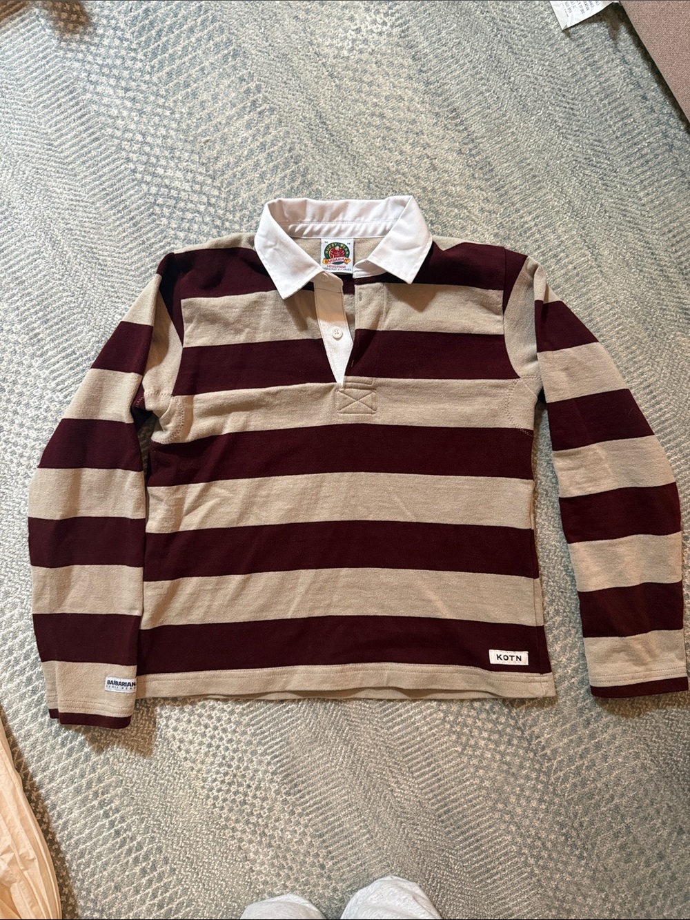 KOTN Wide-Stripe Rugby Shirt in Maroon and Beige